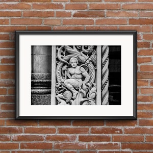 Detroit Architecture on Woodward in Detroit Art Print - Black and White  Detroit Michigan Stone Carving Monument Print