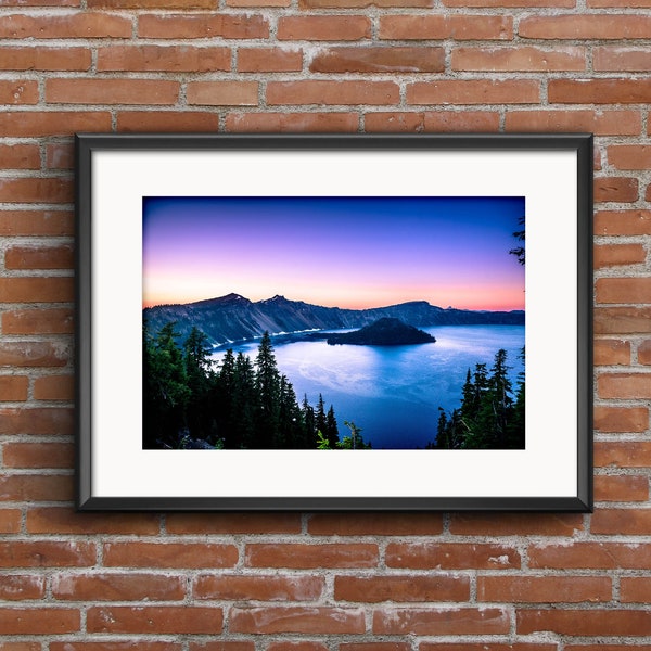 Sunset at Crater Lake in Oregon Art Print  - West Coast Rocky Mountain National Park Photo - Sunset over Mountain Range Photography