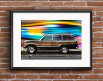 Jeep Wagoneer In Front of Rainbow Wall In Detroit Art Print -Detroit Michigan Colorful Retro Art Photography