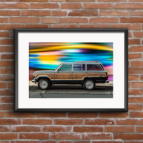 Jeep Wagoneer In Front of Rainbow Wall In Detroit Art Print -Detroit Michigan Colorful Retro Art Photography