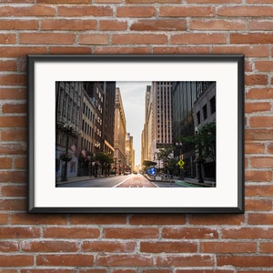 Chicago Street and Skyline During Henge at Sunrise Art Print - Chicago Skyline at Dawn with Sun Burst Photograph