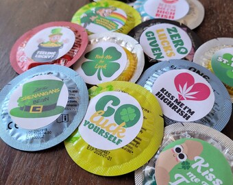 St. Patty&#39;s Day and Clover Condoms - Individual Colored Funny Kiss Me I&#39;m Irish Condom - Swearing Joke Condom - Adult Gift