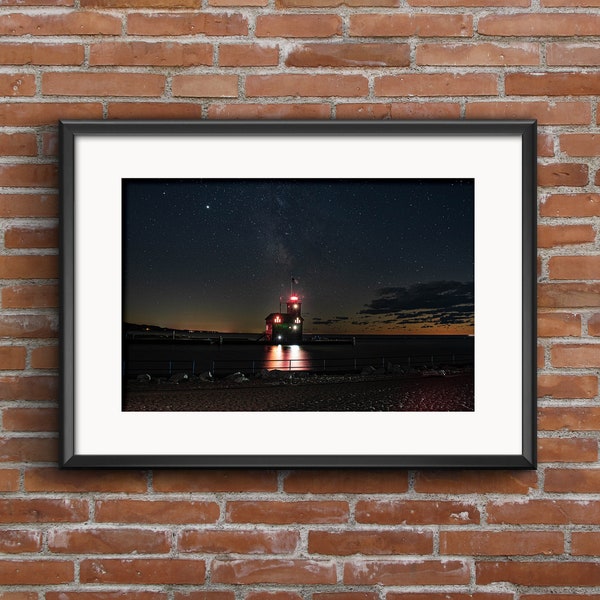 Lighthouse, Sunset, Crescent Moon and Starry Sky Lake Michigan Art Print  - Pure Michigan Sunset Poster - Holland Michigan Photography