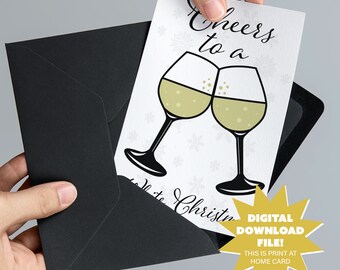 Cheers To A White Christmas Card Digital Download - Funny Adult White Wine Drinking Christmas 5x7 Printable Card