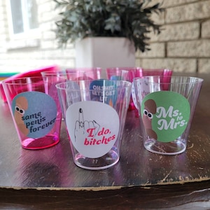 Shot Glass Stickers Bachelorette Party Favors - Clear or Pink Shots Funny Party Favors Swearing, Adult, & Dirty - Labels or Glasses