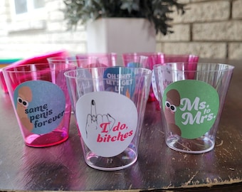 Shot Glass Stickers Bachelorette Party Favors - Clear or Pink Shots Funny Party Favors Swearing, Adult, & Dirty - Labels or Glasses
