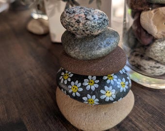 Handmade Michigan Rock Cairn With Floral Accent – Small Stacked Stone Decor – Lake Stone Zen Sculpture – Indoor Outdoor Garden Gift