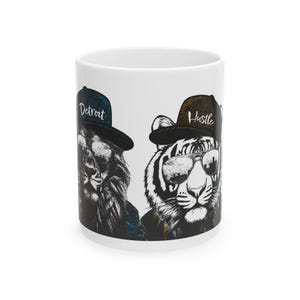 Detroit Lions and Tigers Detroit Hustle Sports Themed Ceramic Mug, City Skyline Lion Tiger Sunglasses Coffee Cup, Detroit Fan Gift, Football