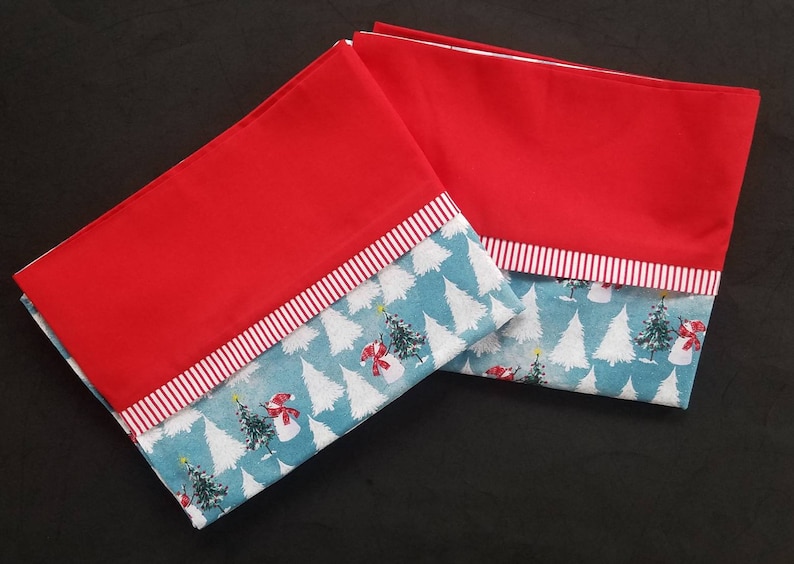 Snowman SOLD INDIVIDUALLY Blue and Red Sparkle Pillowcases and Snowflake Holiday Pillow Cases Christmas Pillows Christmas Tree
