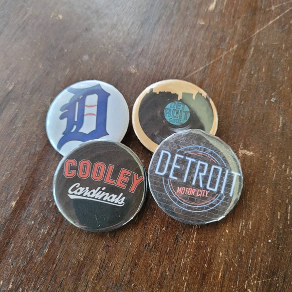 Detroit, Cooley, Motown and Tigers Buttons - Small 1.5" Pins - Detroit Skyline, Baseball and Detroit Pride Buttons