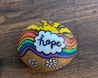 Hand Painted Rock – “Hope” Rainbow Sunshine Floral Hippie Pride Rock – Garden Rock Decor, Outdoor or Indoor Painted Stone Gift