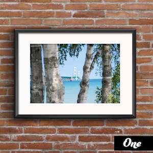 Michigan Mackinac Bridge Through Birch Trees Print - Pure Up North Michigan Monument Poster Print on a Summer Day