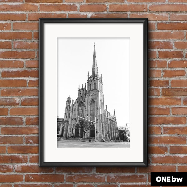 Detroit Cathedrals and Churches Skyline Art Print - Black and White Detroit Michigan Street With Church Steeple Photographs - Several Styles