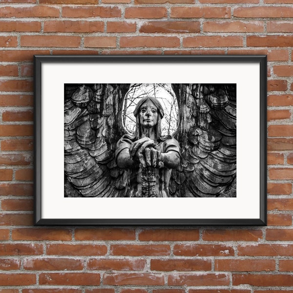 Gothic Weeping Angel Holding Scepter Grave Marker Art Print - Haunted Graveyard Cemetery Photo Print