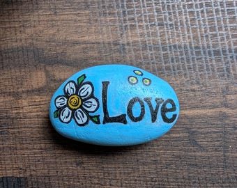 Hand Painted Rock – “Love” Floral Daisy Hippie Rock – Garden Rock Decor, Outdoor or Indoor Painted Stone Gift