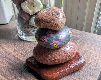Handmade Michigan Rock Cairn With Floral Accent – Small Stacked Stone Decor – Lake Stone Zen Sculpture – Indoor Outdoor Garden Gift