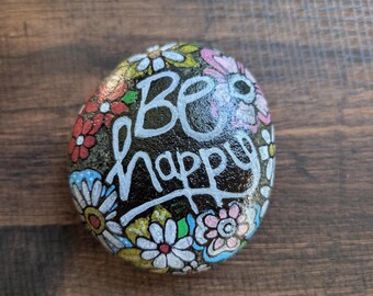 Hand Painted Rock – “Be Happy” Floral Hippie Rock – Garden Rock Decor, Outdoor or Indoor Painted Stone Gift