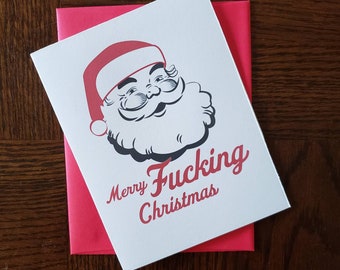 Tarjeta de Navidad o de vacaciones de feliz jodida Navidad: Papá Noel divertido y juramentado de 4 x 5, tarjeta para adultos