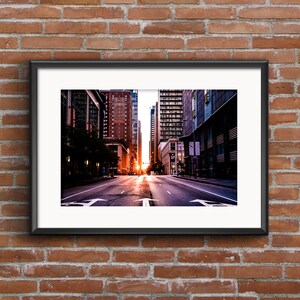 Chicago Skyline During Henge at Sunrise Art Print - Chicago Skyline at Dawn with Sun Burst Photography