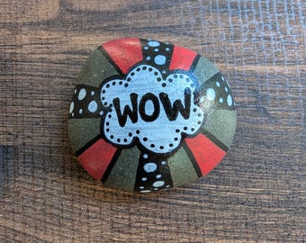 Hand Painted Rock – “Wow” Black and Red Hippie Rock – Garden Rock Decor, Outdoor or Indoor Painted Stone Gift