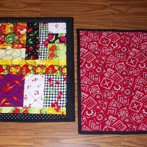Reversible Fruit and Veggie Quilted Place Mats - One Pair - Approx. 17 x 14 in.