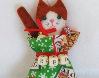 Personalized Cat/Kitty in Bag Ornament.  Approx 5 in tall. Made to Order.