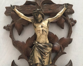 Antique Black Forest Carved Wood Holy Font Crucifix with Shell