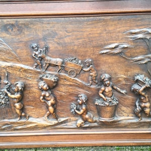 Large Wooden Detail Cherubs Scene Wall Panel, Grape Harvest
