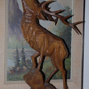 Huge Vintage Black Forest Hand Carved Wood Art Deer Stag Statue