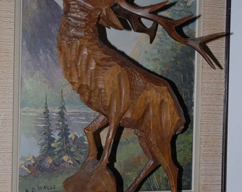 Huge Vintage Black Forest Hand Carved Wood Art Deer Stag Statue