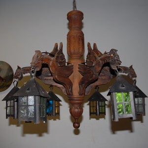 Spooky Vintage Wooden Neo Gothic Art Dragon Chandelier w. Lantern
