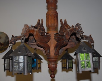 Spooky Vintage Wooden Neo Gothic Art Dragon Chandelier w. Lantern