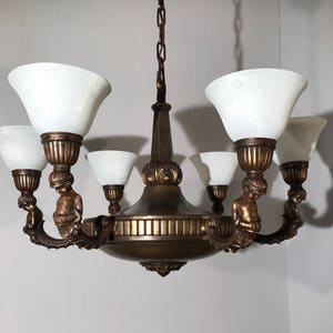 Jugendstil era Art Nouveau Bronze & Brass Cherub Sculpture 6 Light Pendant Light
