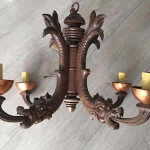 Antique Hand-Carved Wood Chandelier with Dragons