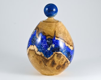 Handmade Black Locust Burl Urn: Blue mineral and gold inlay, Lapis lid (230 c.i.)