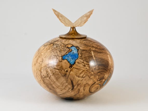 Handmade Olive Ash Wood Urn: Light Blue Mineral inlay, Butterfly Lid (160 c.i.)