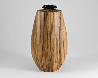 Handmade Zebra Wood Urn, Black Tourmaline lid (220 c.i.)