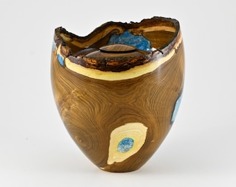 Handmade Laburnum Cremation Urn, Blue Mineral Inlay (270 c.i.)