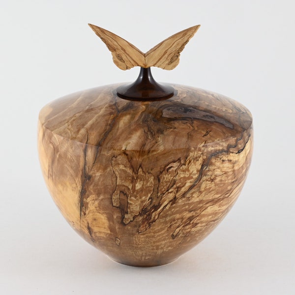 Large wooden urn made of Spalted Beech with a butterfly on top (215 c.i.)