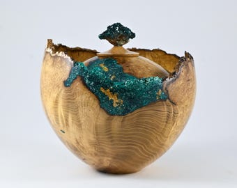 Handmade Black Locust Burl Urn: Dioptase Lid, Green mineral Inlay (240 c.i.)