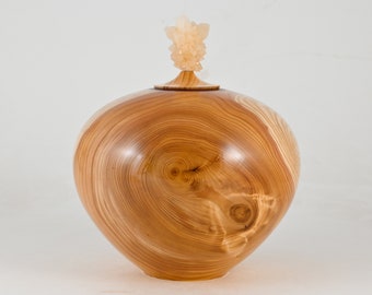 Large handmade wooden urn made of Juniper with Calcite on top (220 c.i.)