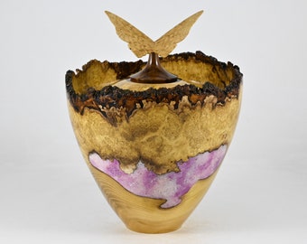 Large handmade wooden urn made of Black Locust burl with a butterfly on top (200 c.i.)