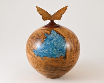 Handmade wooden urn made of Cherry burl with a butterfly (175 c.i.)