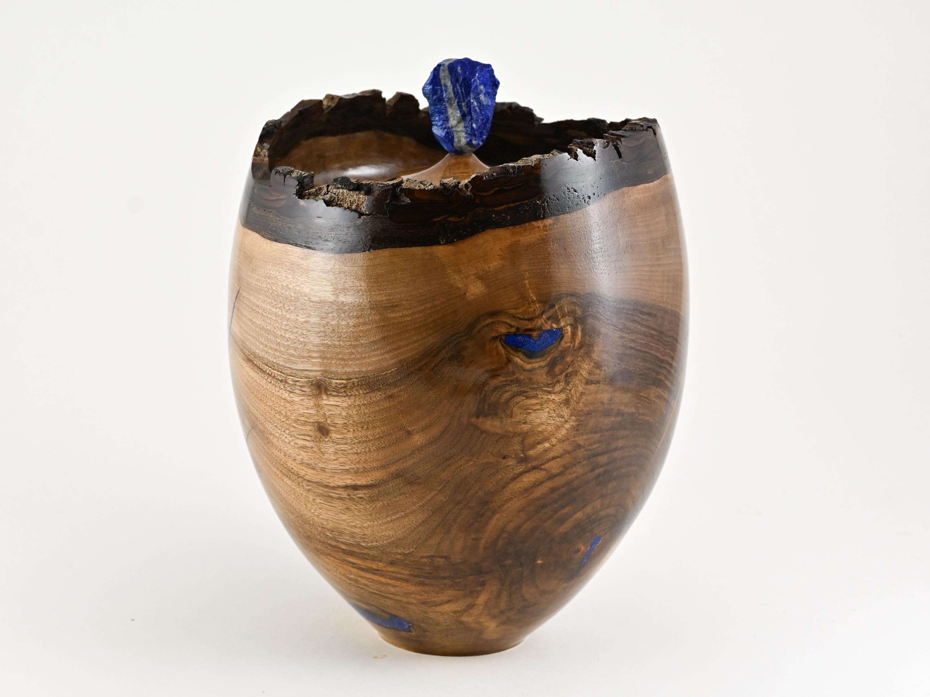 Handmade Walnut Wood Urn: blue mineral inlay,  Lapis Lazuli lid (300 c.i.)