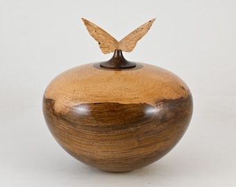 Large handmade wooden urn made of Walnut with a butterfly on top (270 c.i)