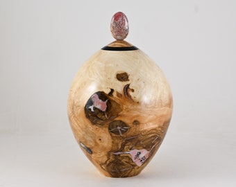 Large handmade wooden urn made of Ash inlayed with pink and black minerals and Rhodochrosite on top (300 c.i.)