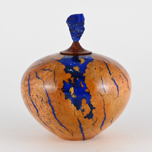 Handmade wooden urn made of a Briar burl inlayed with blue minerals and gold  and Lapis Lazuli on top (130 c.i.)