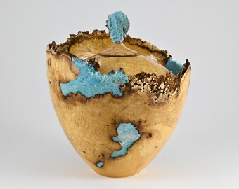 Large handmade wooden urn made of Black Locust Burl with light blue minerals and Chrysocolla (240 c.i)