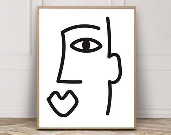 Abstract Face Picasso Line Drawing Print, Abstract Art Print, Black and White Digital Art Printable