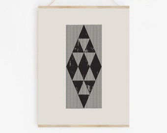 Woodblock Style Mid Century Print With Geometric Diamonds, Printable Wall Art With Geometric Line Art